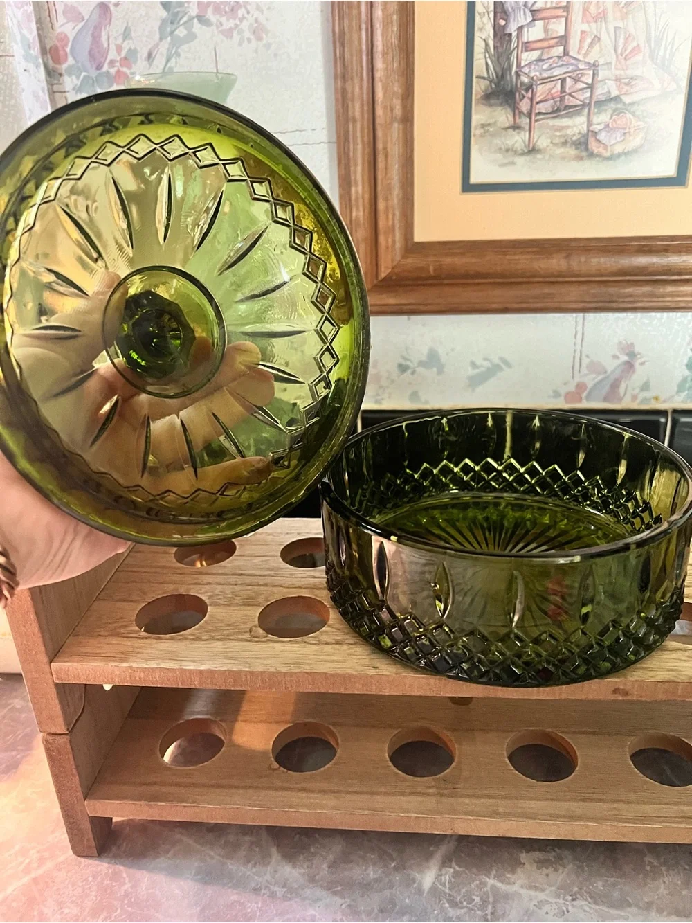 Vintage Indiana Glass candy dish in the Princess pattern and avocado green